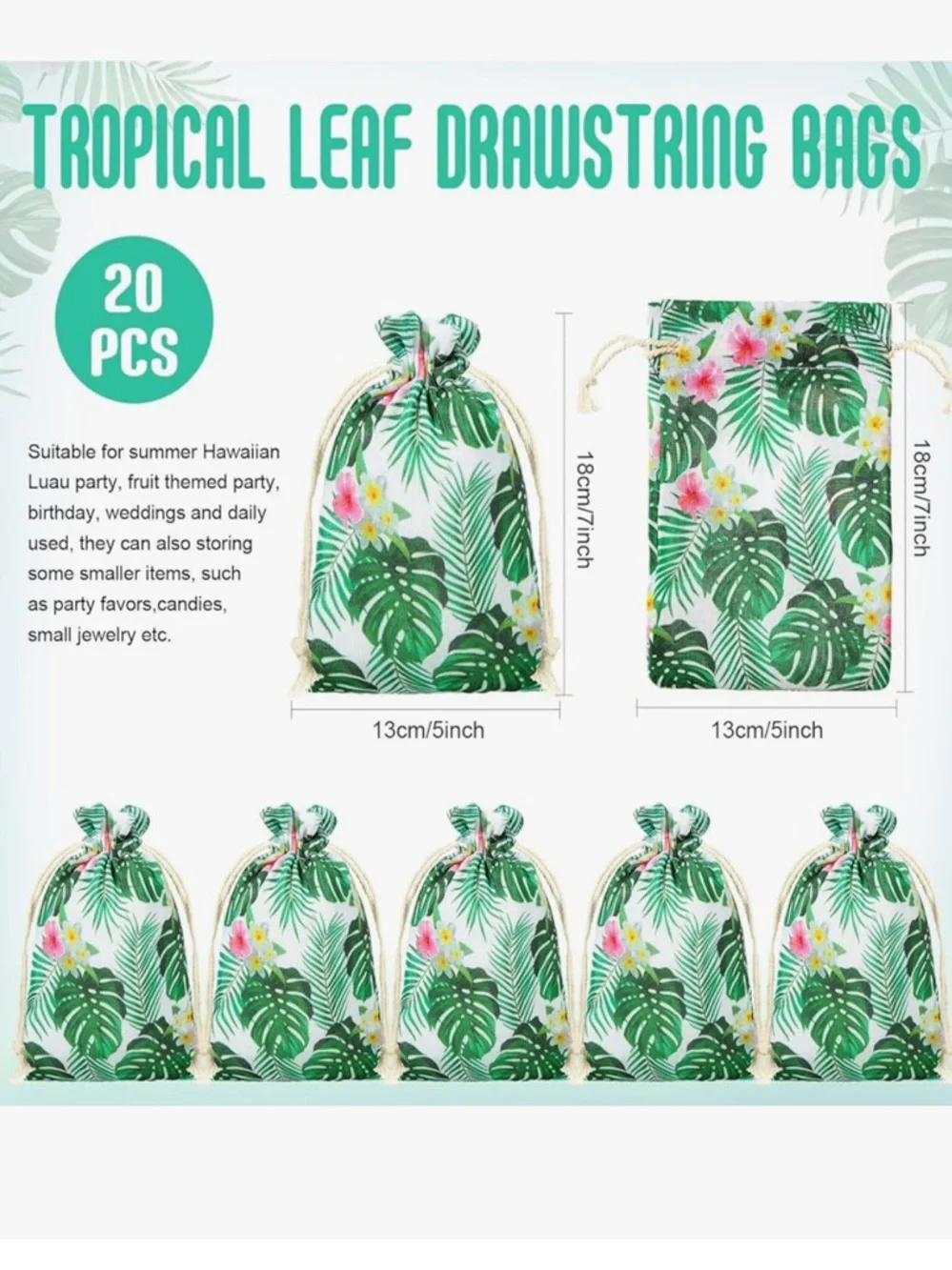 Tropical Leaf Drawstring Favor Bags - Green Floral Party Pouches 20 pieces new
